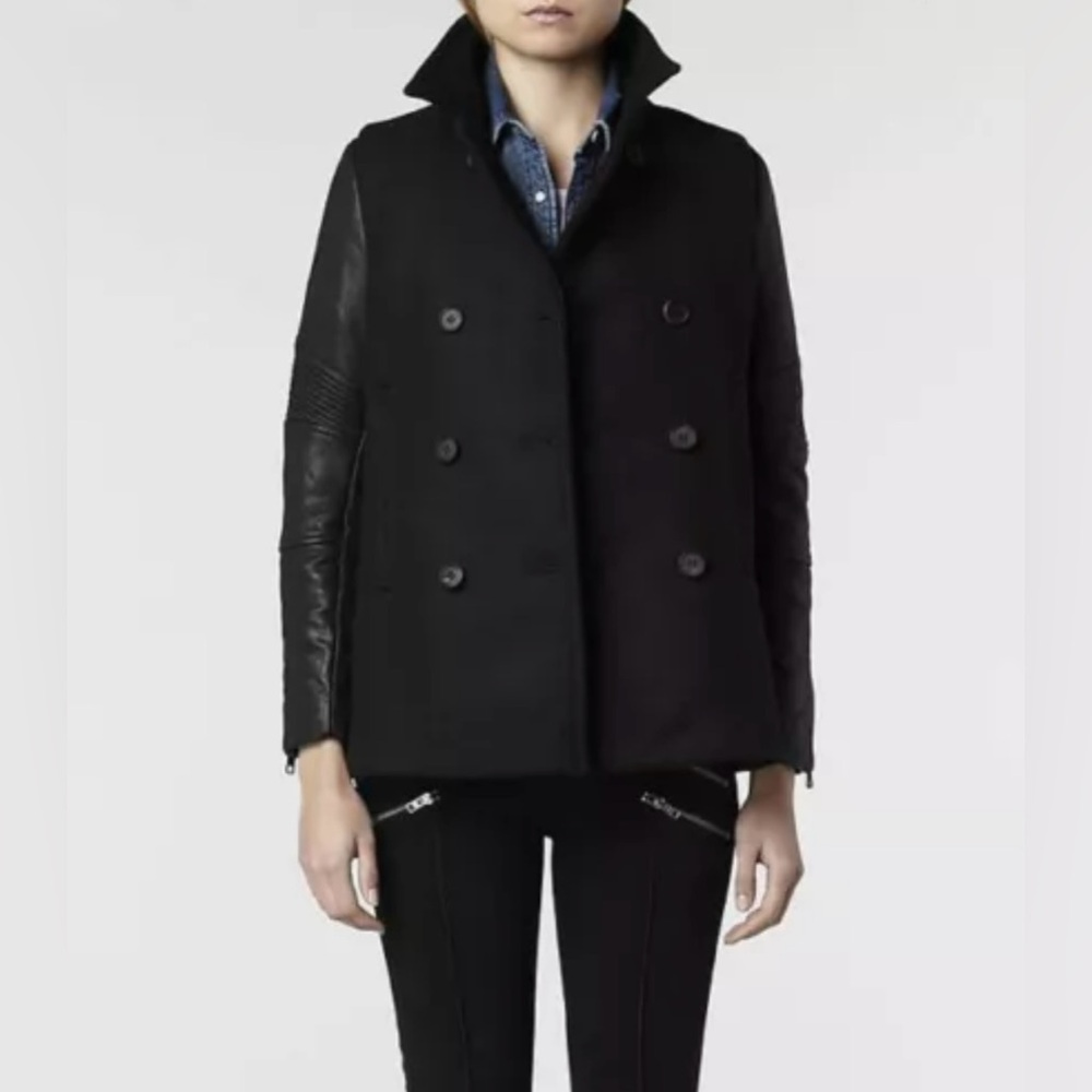 ALLSAINTS Zaskia Dark Blue Wool Peacoat | US 4 | UK 8 | Black Leather Sleeves